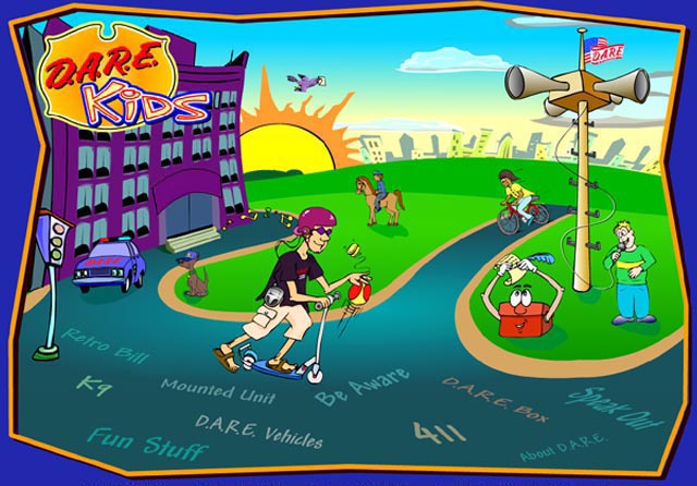 LAPD Kids - The image portrays a city park, a police station
and 9 characters to navigate through the website. 
The descriptions of these characters are in the 
hot spot alt tags.